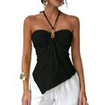 thumbnail image 1 of Domzest Womens Asymmetrical Hem Halter Tank Top Slim Fit Blackless Metal Ring Front Ruched Top Summer Tie Up Cami Tank Black M, 1 of 7