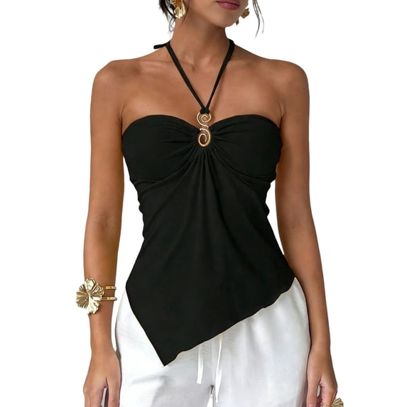 Domzest Womens Asymmetrical Hem Halter Tank Top Slim Fit Blackless Metal Ring Front Ruched Top Summer Tie Up Cami Tank Black M