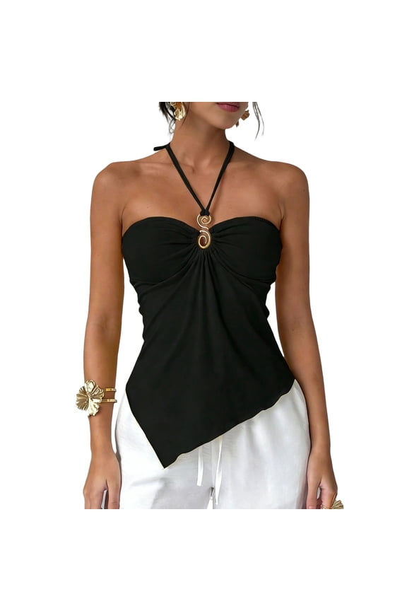 Womens Asymmetrical Hem Halter Tank Top Slim Fit Blackless Metal Ring Front Ruched Top Summer Tie Up Cami Tank Black M