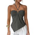 thumbnail image 1 of Domzest Womens Asymmetrical Hem Halter Tank Top Slim Fit Blackless Metal Ring Front Ruched Top Summer Tie Up Cami Tank Gray L, 1 of 7