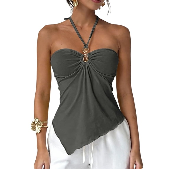 Domzest Womens Asymmetrical Hem Halter Tank Top Slim Fit Blackless Metal Ring Front Ruched Top Summer Tie Up Cami Tank Gray L