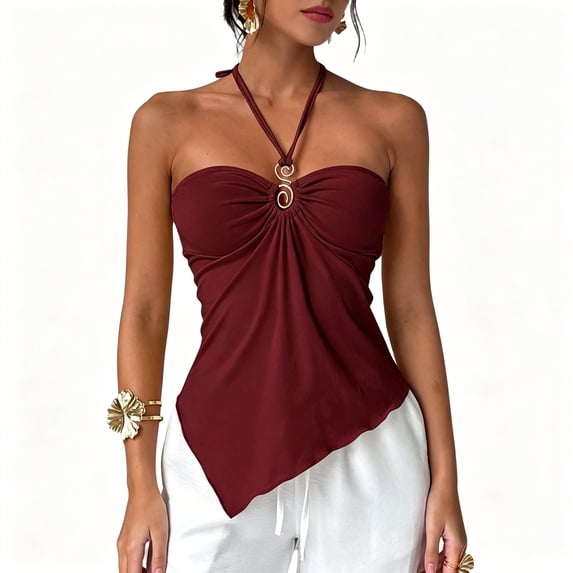 Domzest Womens Asymmetrical Hem Halter Tank Top Slim Fit Blackless Metal Ring Front Ruched Top Summer Tie Up Cami Tank Wine M