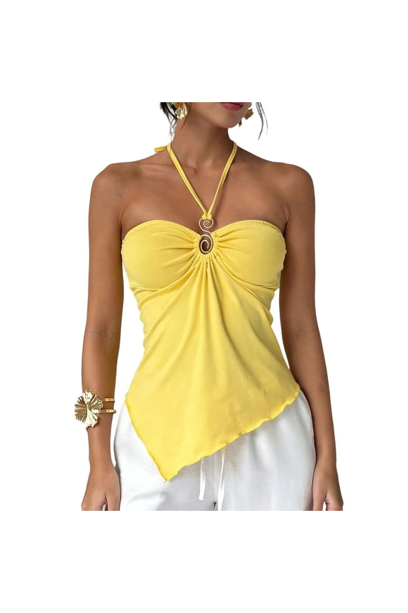 Womens Asymmetrical Hem Halter Tank Top Slim Fit Blackless Metal Ring Front Ruched Top Summer Tie Up Cami Tank Yellow S