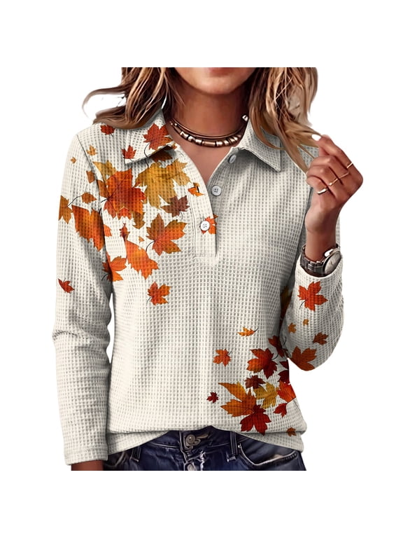 Womens Autumn Maple Leaf All Over Print Waffle Knit Long Sleeve Top Lapel Half Button V Neck Casual Loose Fall Blouse Khaki S