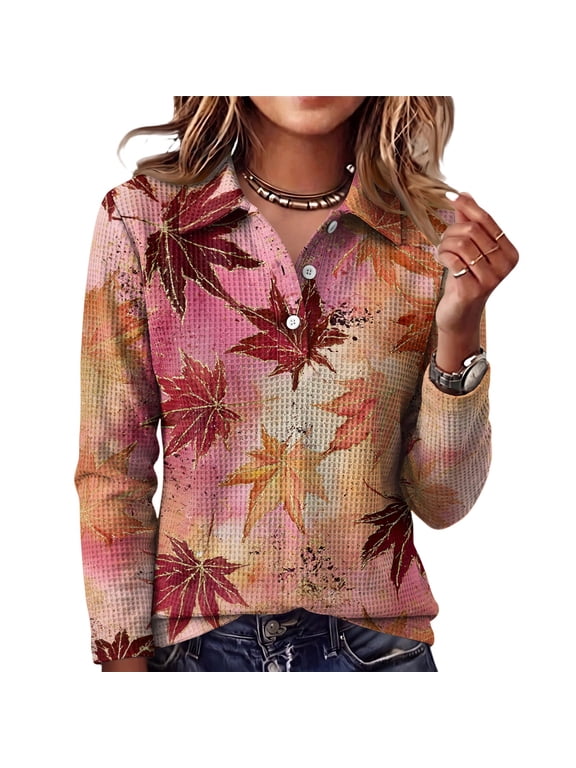 Womens Autumn Maple Leaf All Over Print Waffle Knit Long Sleeve Top Lapel Half Button V Neck Casual Loose Fall Blouse Multicolor M