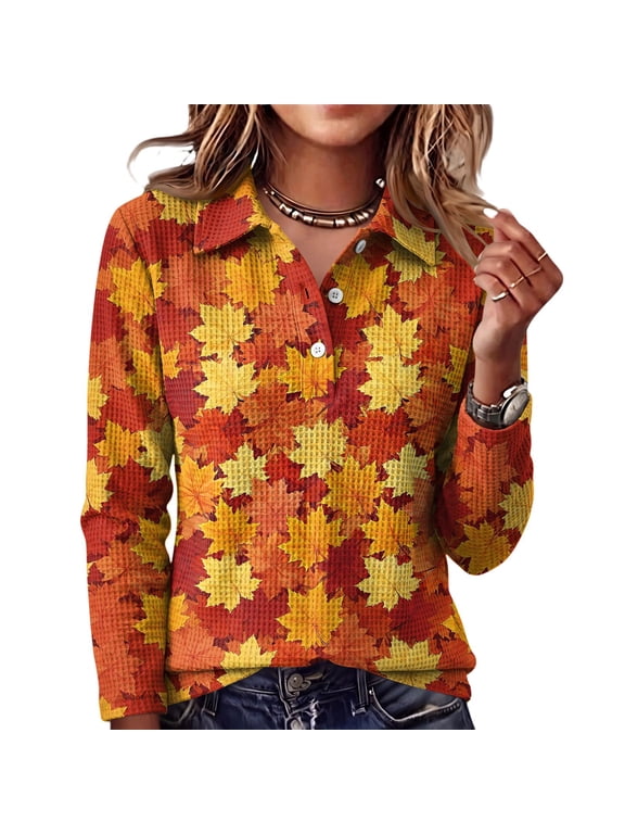 Womens Autumn Maple Leaf All Over Print Waffle Knit Long Sleeve Top Lapel Half Button V Neck Casual Loose Fall Blouse Vermilion 2XL