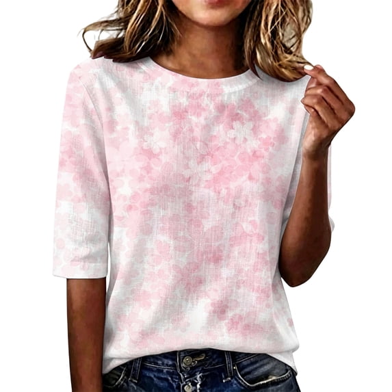 Domzest Womens Boho Floral Print Tops Elbow Length Lightweight Loose Fit Shirts Half Sleeve Dressy Casual Crew Neck Tunic Tops Pink XL