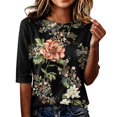 thumbnail image 1 of Domzest Womens Boho Floral Print Tops Elbow Length Loose Fit Lightweight Shirts Half Sleeve Summer Fall Crew Neck Basic Blouse Black M, 1 of 6
