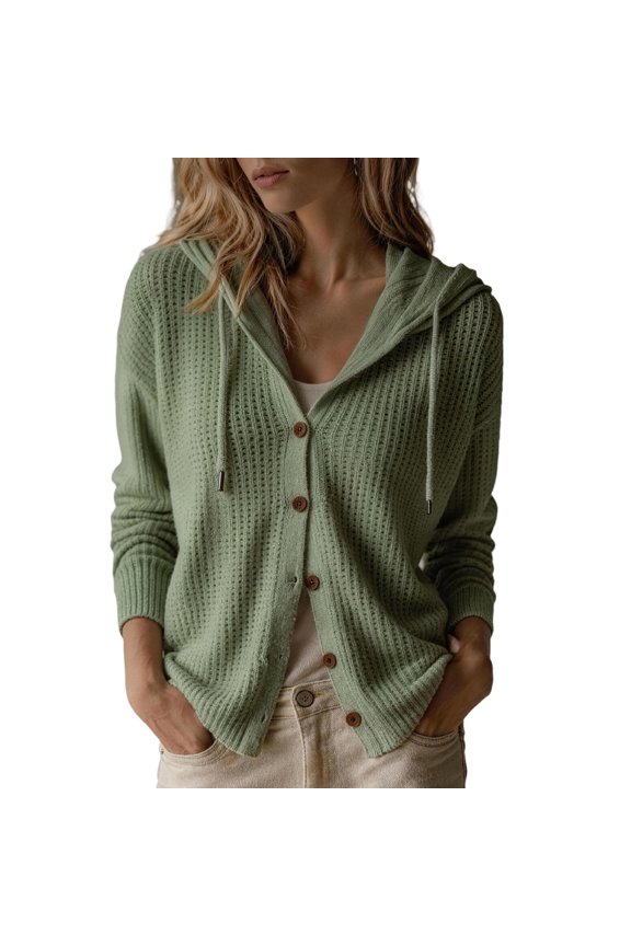 Womens Button Down Hooded Cardigan Sweater Drawstring Long Sleeve Lightweight V Neck Solid Color Chunky Knit Cardigan Army Green S