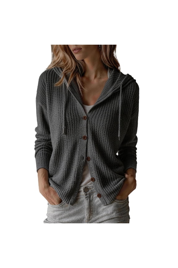Womens Button Down Hooded Cardigan Sweater Drawstring Long Sleeve Lightweight V Neck Solid Color Chunky Knit Cardigan Dark Gray M