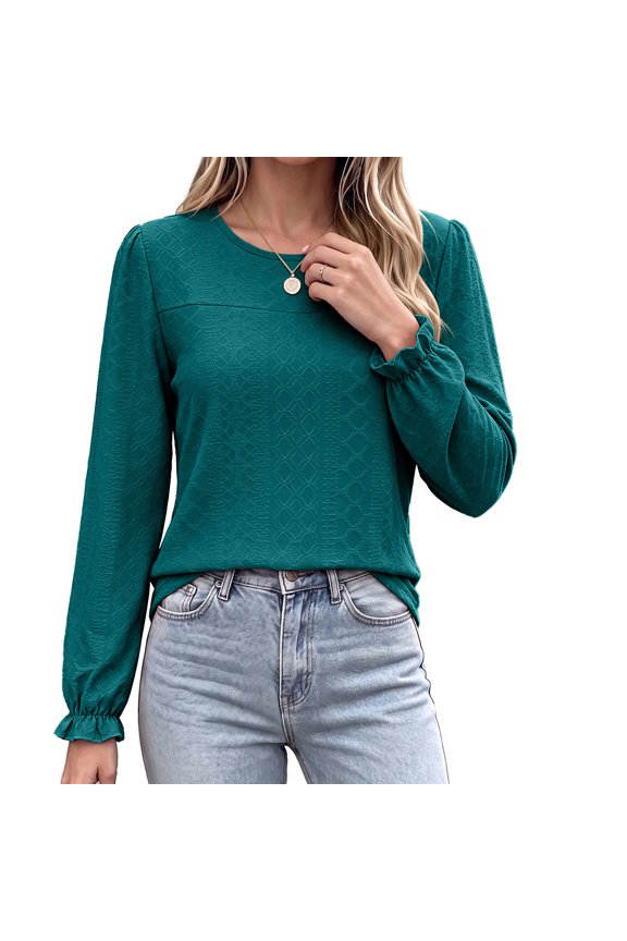 Womens Crew Neck Flounce Sleeve Blouse Puff Long Sleeve Ruffle Cuff Tunic Tops Textured Diamond Jacquard Clothes Turquoise XXL