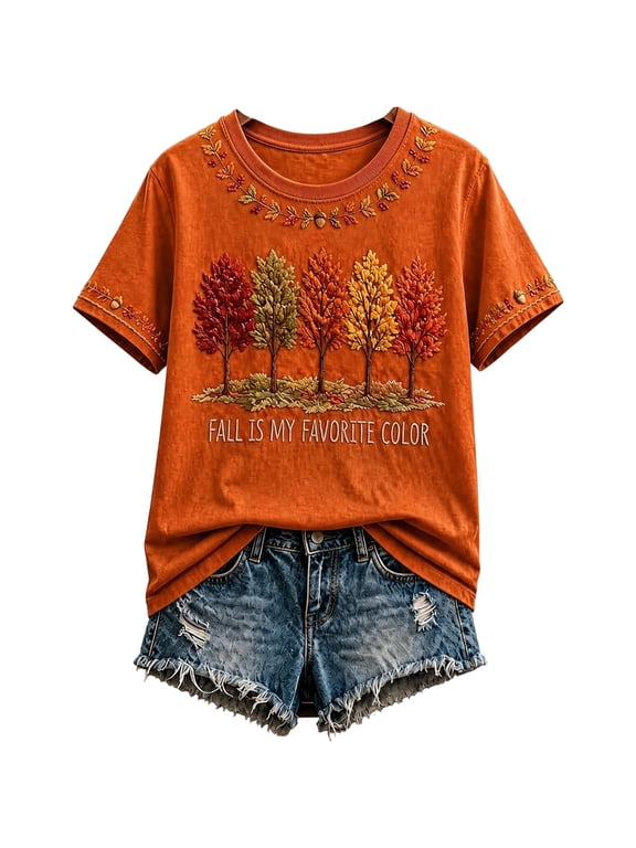Womens Crew Neck Short Sleeve T Shirt Autumn Tree Graphic Fall is My Favorite Color Shirt Casual Vintage Tops Orange XL