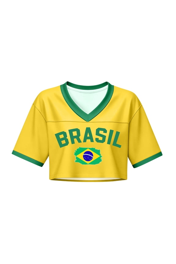 Womens Cropped Soccer Jersey V Neck Print Crop Tops Casual Soccer Fan Short Sleeve Crop T Shirts Yellow S