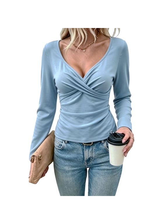 Womens Deep V Neck Blouse Twist Front Long Sleeve Tops 2026 Y2k Slim Fit Shirts Solid Crossover Top Sky Blue L