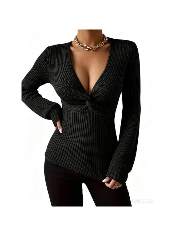 Womens Deep V Neck Sweater Twist Front Slim Fit Sexy Pullover Sweaters Long Sleeve Ribbed Knit Casual Jumper Tops Black XL