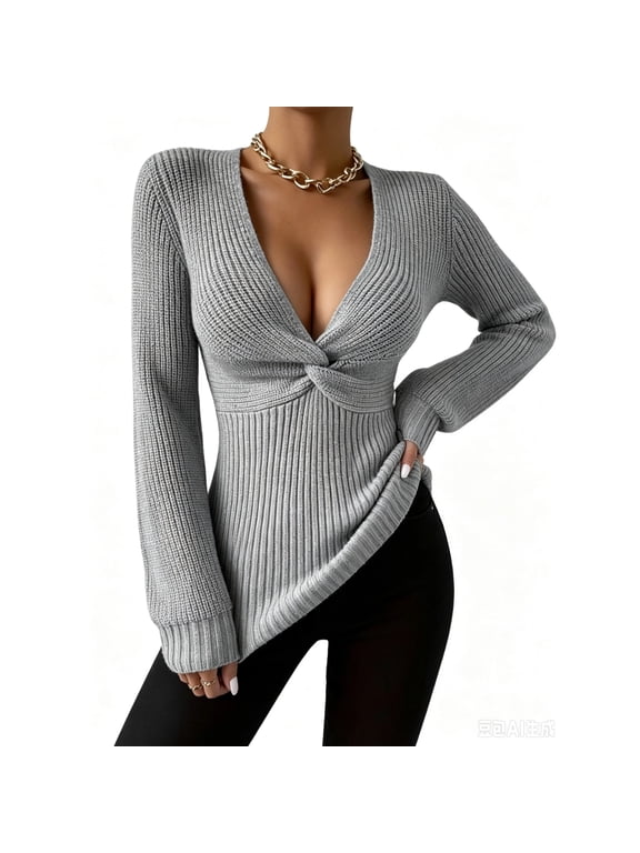 Womens Deep V Neck Sweater Twist Front Slim Fit Sexy Pullover Sweaters Long Sleeve Ribbed Knit Casual Jumper Tops Gray XL