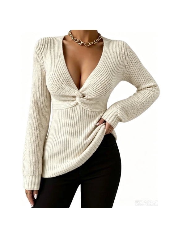 Womens Deep V Neck Sweater Twist Front Slim Fit Sexy Pullover Sweaters Long Sleeve Ribbed Knit Casual Jumper Tops White XL