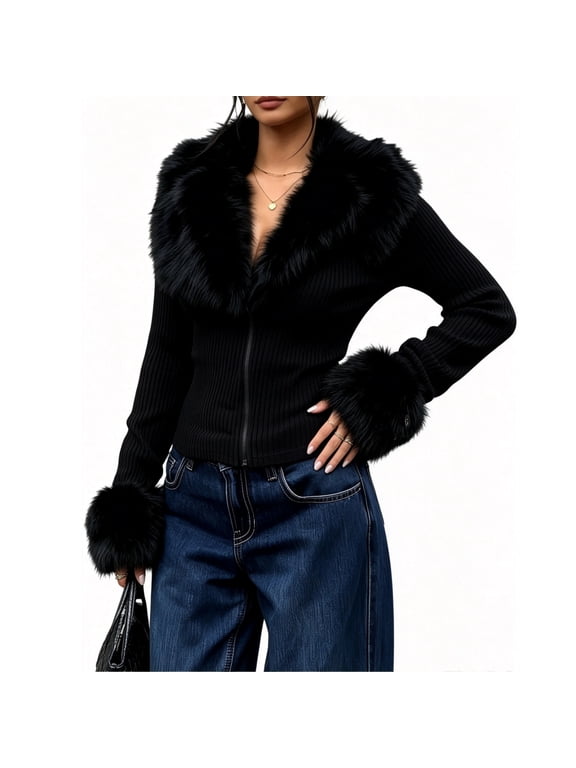 Womens Faux Fur Fuzzy Collared Jackets Slim Fit Zip Up Cropped Kint Jacket Fall Winter Furry Cuff Ribbed Cardigan Coat Black S