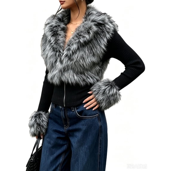 Domzest Womens Faux Fur Fuzzy Collared Jackets Slim Fit Zip Up Cropped Kint Jacket Fall Winter Furry Cuff Ribbed Cardigan Coat Dark Gray XS