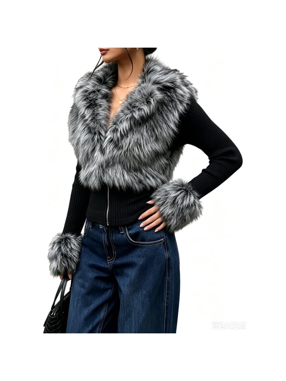 Womens Faux Fur Fuzzy Collared Jackets Slim Fit Zip Up Cropped Kint Jacket Fall Winter Furry Cuff Ribbed Cardigan Coat Dark Gray XS