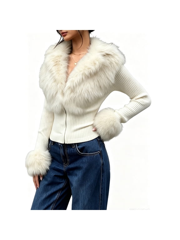 Womens Faux Fur Fuzzy Collared Jackets Slim Fit Zip Up Cropped Kint Jacket Fall Winter Furry Cuff Ribbed Cardigan Coat White M