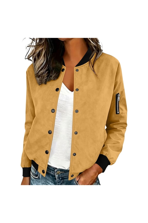 Womens Faux Suede Bomber Jacket Long Sleeve Snap Button Up Coat Ribbed Cuffs Lightweight Outerwear with Pockets Gold XXL