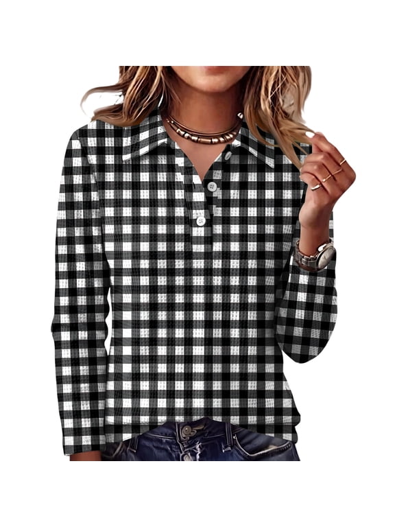 Womens Gingham Plaid Print Waffle Knit Long Sleeve Top Lapel Half Button V Neck Casual Loose Fall Shirt Blouse Black M