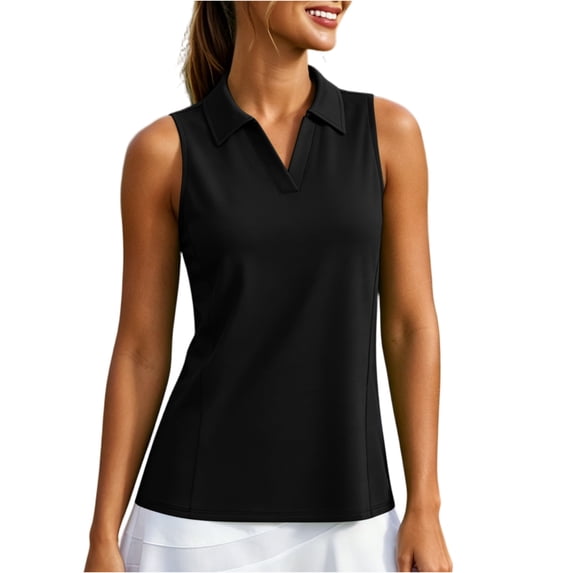 Domzest Womens Golf Polo Shirts V Neck Sleeveless Workout Tank Tops Collared Tennis Athletic Lightweight Running Shirt Black M