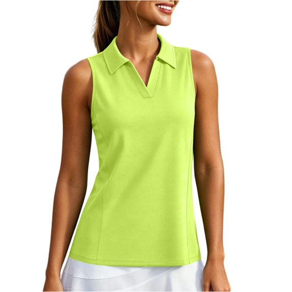 Domzest Womens Golf Polo Shirts V Neck Sleeveless Workout Tank Tops Collared Tennis Athletic Lightweight Running Shirt Fluorescent Green S