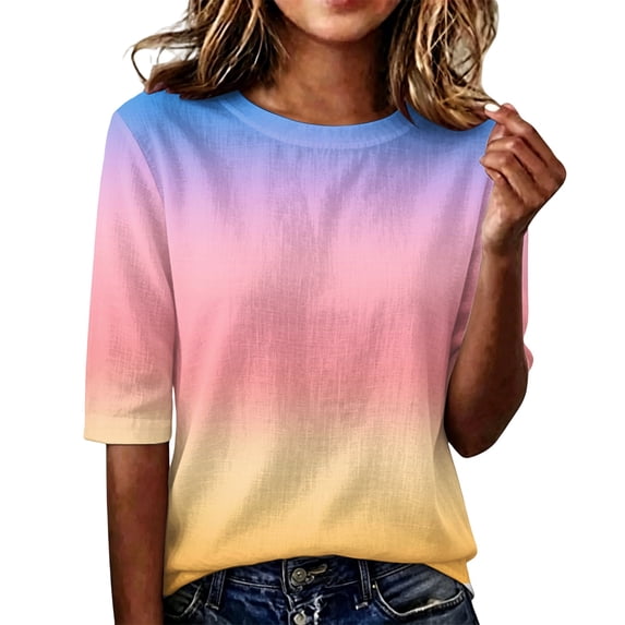 Domzest Womens Gradient Half Sleeve Tops Crew Neck Loose Fit Elbow Length Shirts Dressy Casual Summer Fall Lightweight Basic Blouse Pink L