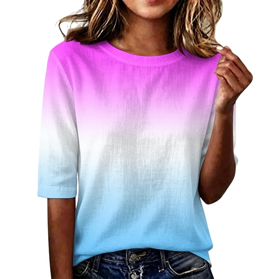 Domzest Womens Gradient Half Sleeve Tops Crew Neck Loose Fit Elbow Length Shirts Dressy Casual Summer Fall Lightweight Basic Blouse Sky Blue XXL