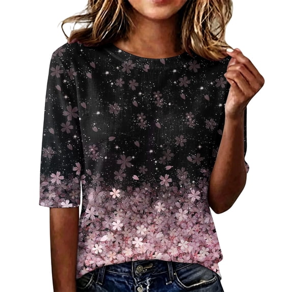 Domzest Womens Half Sleeve Tops Boho Floral Print Lightweight Shirts Crew Neck Loose Fit Dressy Casual Tunic Tops Pink L