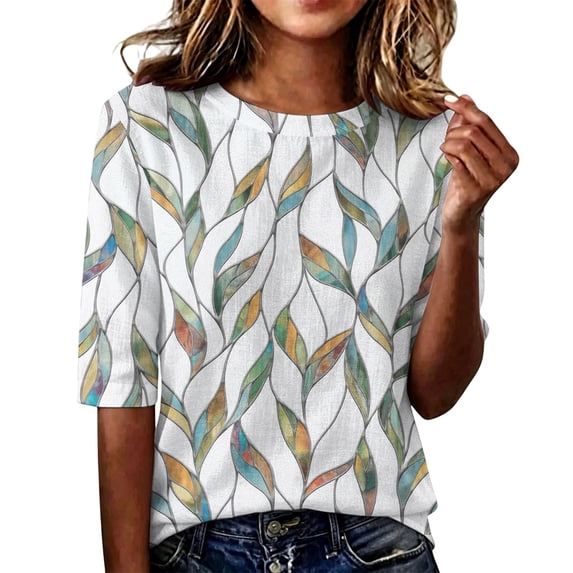 Domzest Womens Half Sleeve Tops Crew Neck Boho Floral Graphic Shirt Lightweight Loose Fit Dressy Casual Tunic Tops White S