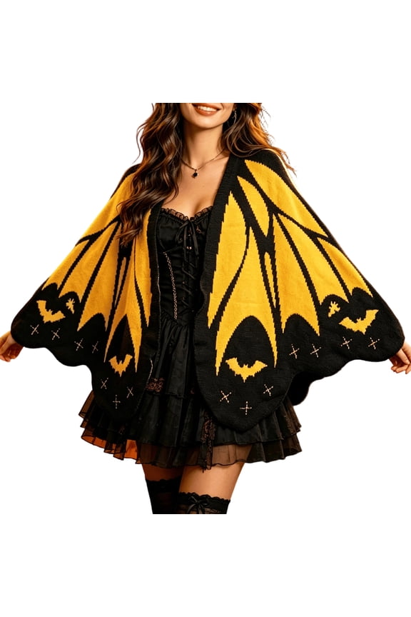 Womens Halloween Bat Wing Knit Cardigan Butterflies Wing Cloak Shawl Irregular Cardigan Sweater Yellow