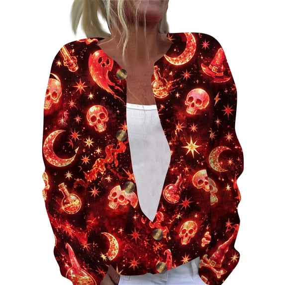 Domzest Womens Halloween Cardigan Sweaters Button Knit Cardigan Funny Cute Pumpkin Ghost Graphic Long Sleeve Fall Winter Outwear Red S