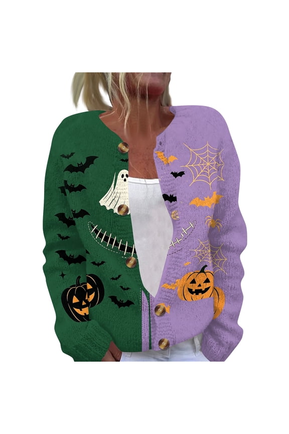 Womens Halloween Cardigan Sweaters Button Knit Long Sleeve Cardigan Casual Pumpkin Ghost Graphic Fall Winter Outwear Purple XL