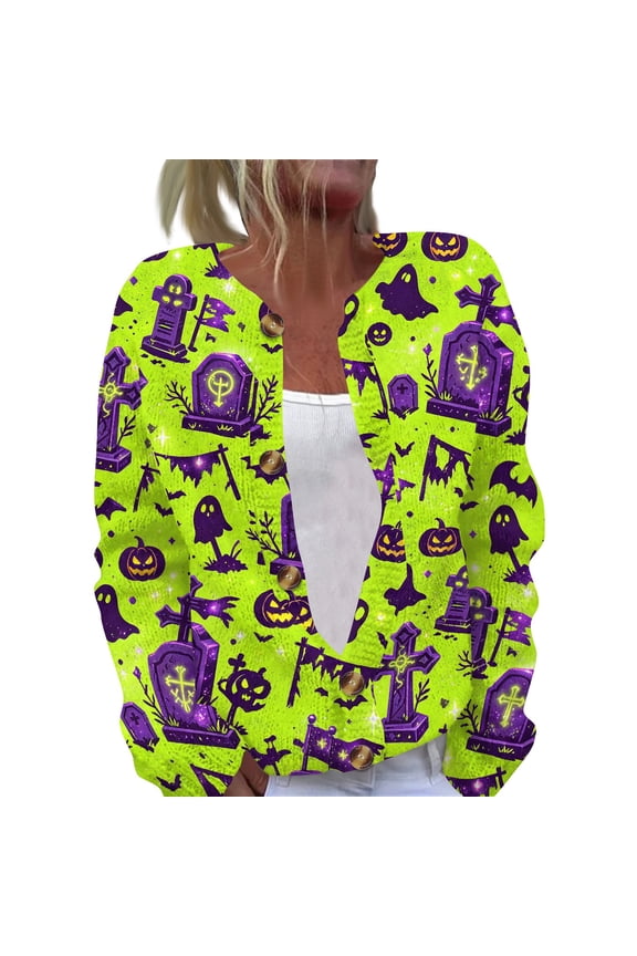 Womens Halloween Cardigan Sweaters Button Knit Long Sleeve Cardigan Vintage Pumpkin Ghost Graphic Fall Winter Sweater Fluorescent Green M