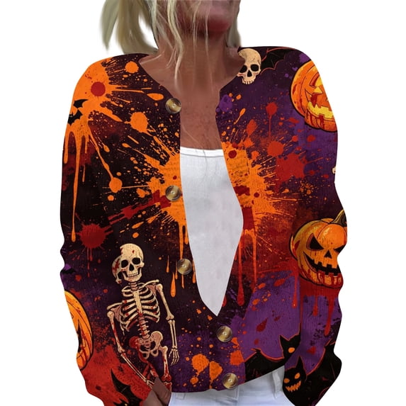 Domzest Womens Halloween Cardigan Sweaters Button Knit Long Sleeve Cardigan Vintage Pumpkin Spooky Graphic Fall Winter Outwear Saffron M