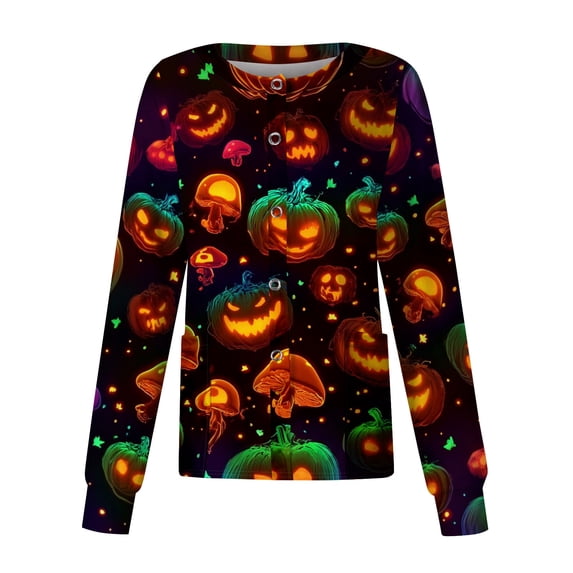 Domzest Womens Halloween Long Sleeve Scrub Top Button Front Pumpkin Ghost Bat Graphic Nurse Uniform Funny Scrub Top Dark Green M