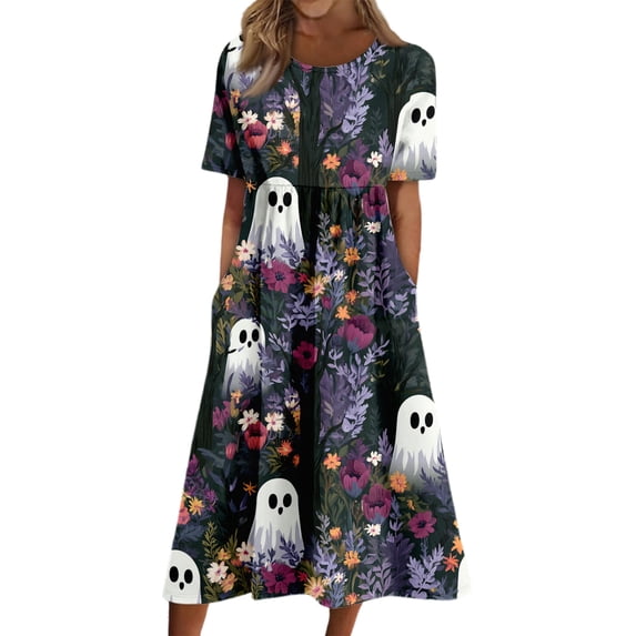 Domzest Womens Halloween Print Dress Crew Neck Halloween Pumpkin Graphic Midi Dress Short Sleeve Loose Fit Dresses with Pockets Purple L