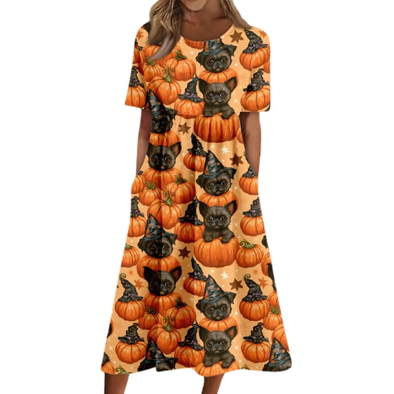Domzest Womens Halloween Print Dress Crew Neck Pumpkin Ghost Bat Print Dresses with Pockets Short Sleeve Loose Fit Casual Midi Dress Saffron 3XL