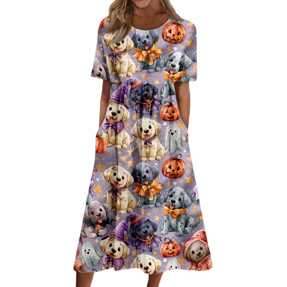 Domzest Womens Halloween Print Dress Crew Neck Pumpkin Ghost Cat Graphic Dresses with Pockets Loose Fit Short Sleeve Midi Dress Light Purple 2XL