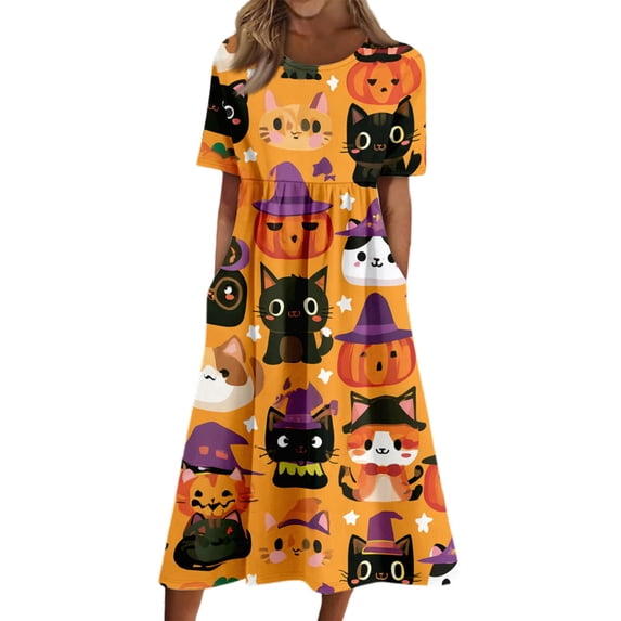 Domzest Womens Halloween Print Dress Crew Neck Short Sleeve Dresses with Pockets Ghost Pumpkin Graphic Funny Midi Dress Yellow XL