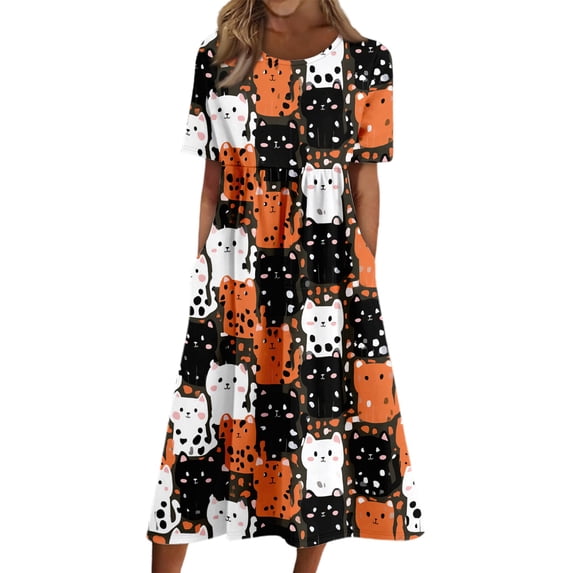 Domzest Womens Halloween Print Dress Crew Neck Short Sleeve Dresses with Pockets Pumpkin Ghost Bat Print Funny Midi Dress Orange 2XL