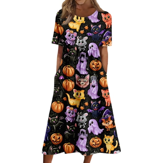 Domzest Womens Halloween Print Dress Short Sleeve Crew Neck Dresses with Pockets Pumpkin Ghost Bat Print Cute Midi Dress Gold 3XL