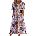 thumbnail image 1 of Domzest Womens Halloween Print Dress Short Sleeve Crew Neck Midi Dress Ghost Pumpkin Graphic Cute Dresses with Pockets Light Purple 3XL, 1 of 6