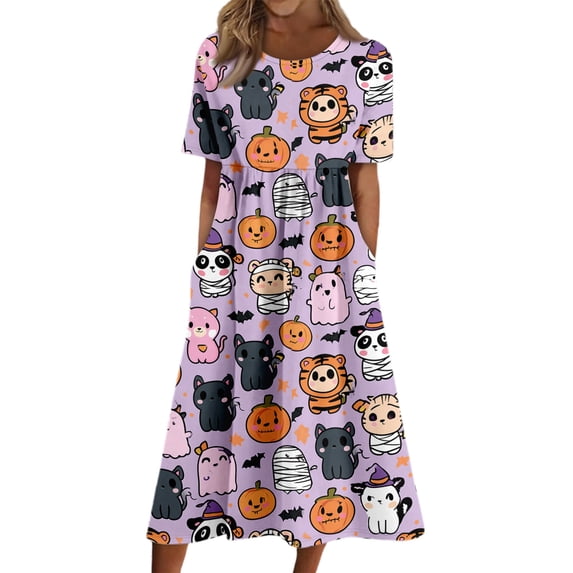 Domzest Womens Halloween Print Dress Short Sleeve Crew Neck Midi Dress Ghost Pumpkin Graphic Cute Dresses with Pockets Light Purple 3XL