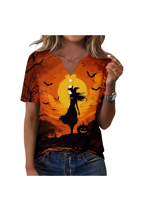 Womens Halloween Printed T-Shirts Short Sleeve Henly Gothic Elements Graphic T Shirts Fashion Fantasy Dark Notch V Neck Tee Orange 2XL