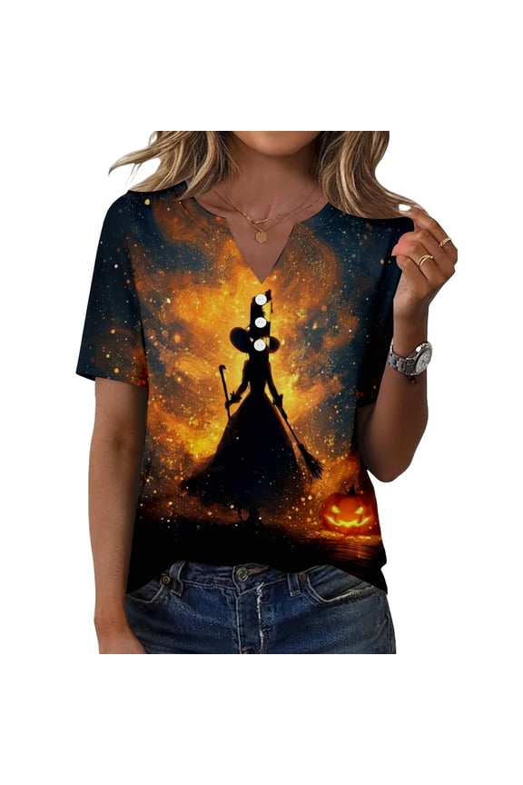 Womens Halloween Printed T-Shirts Short Sleeve Henly Gothic Elements Graphic T Shirts Fashion Fantasy Dark Notch V Neck Tee Orange 3XL