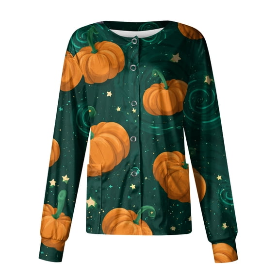 Domzest Womens Halloween Scrub Top Button Front Halloween Print Nurse Working Uniform Long Sleeve Cute Nurse Uniform Green L